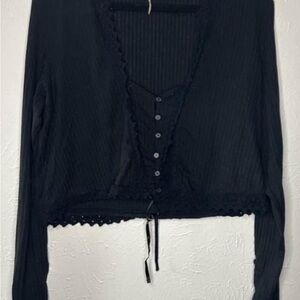 Free People Black Lace Trim Blouse